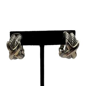 Vintage Clip On Earrings Twisted Silver Metal Hoops with Gold "X"